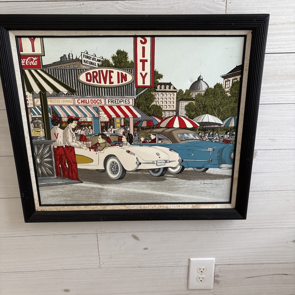 H Hargrove 1957 Corvette At Drive In Restaurant Signed Oil Painting Framed Art